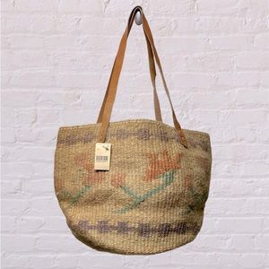 80s Vintage Bohemian Sisal Jute Shoulder Bag tote floral natural Medium